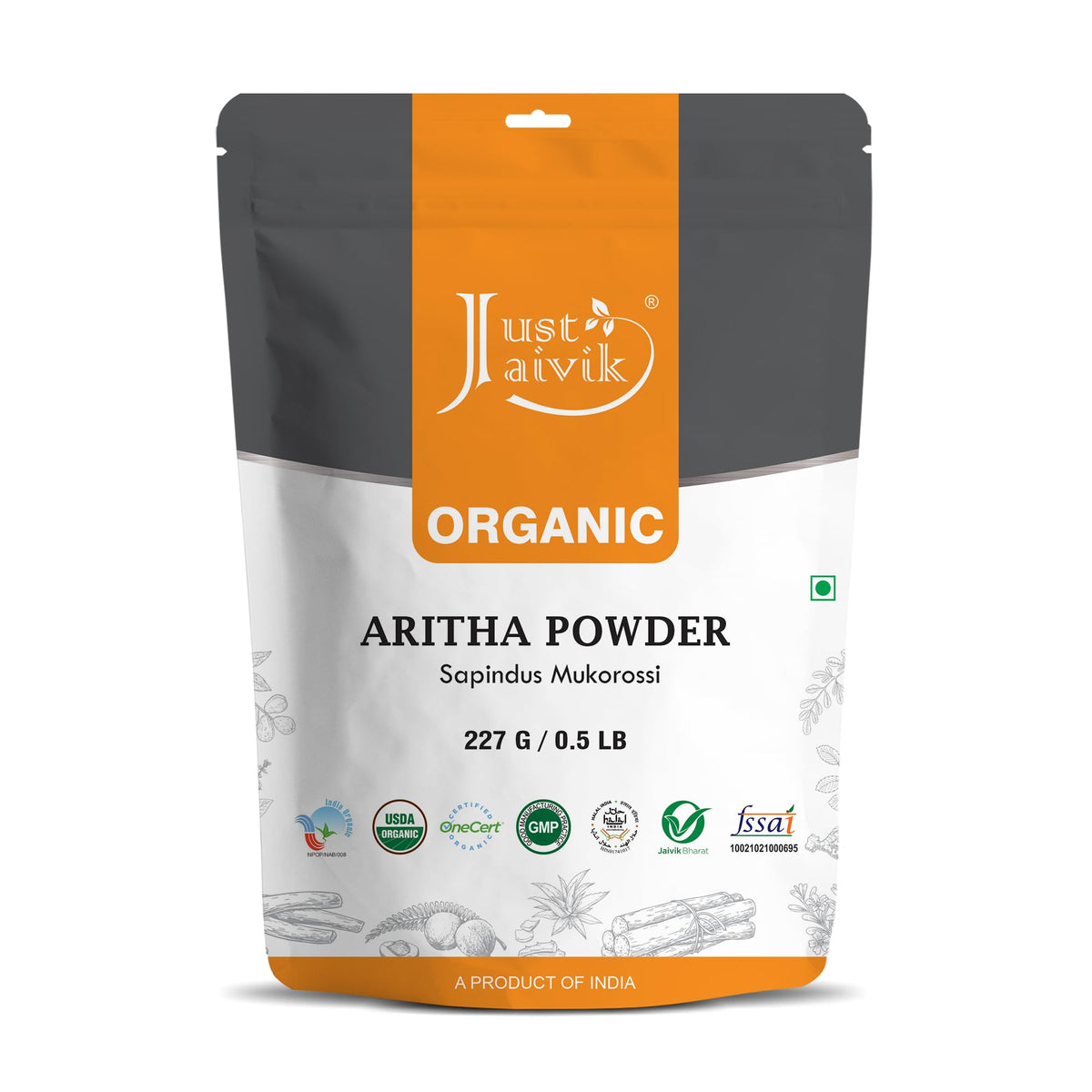 Just Jaivik 100% Organic Aritha Powder 227G - Natural Soap Nut For Hair Cleansing & Conditioning