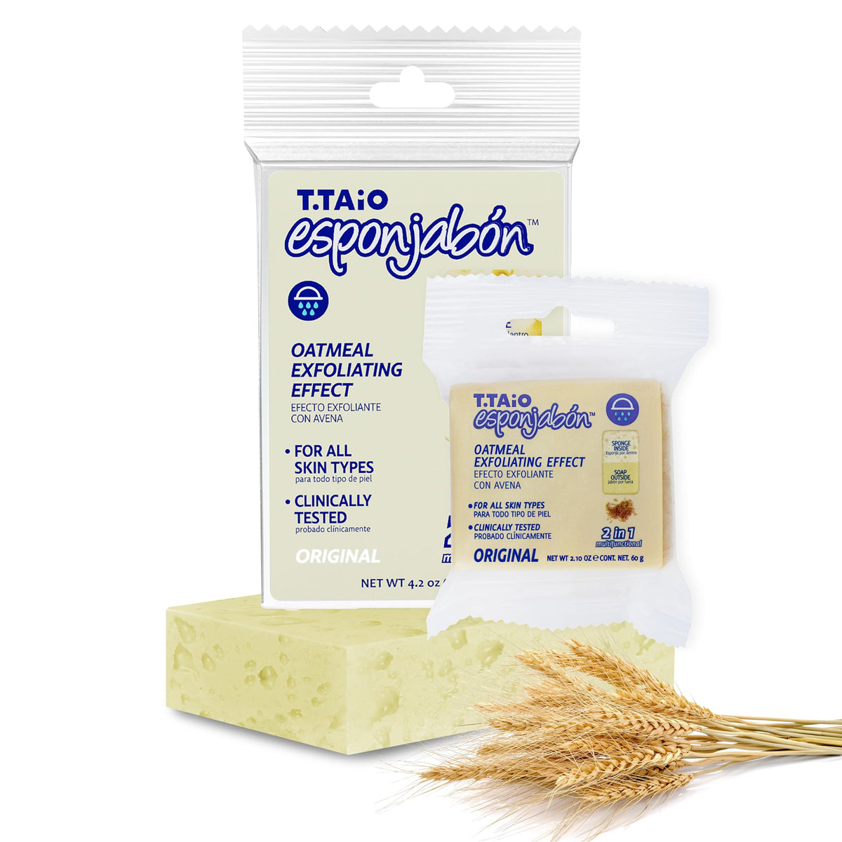 T.Taio Oat Soap Sponge - Bath Wash Scrubber For Body, Foot, Face With Mini Soap Included