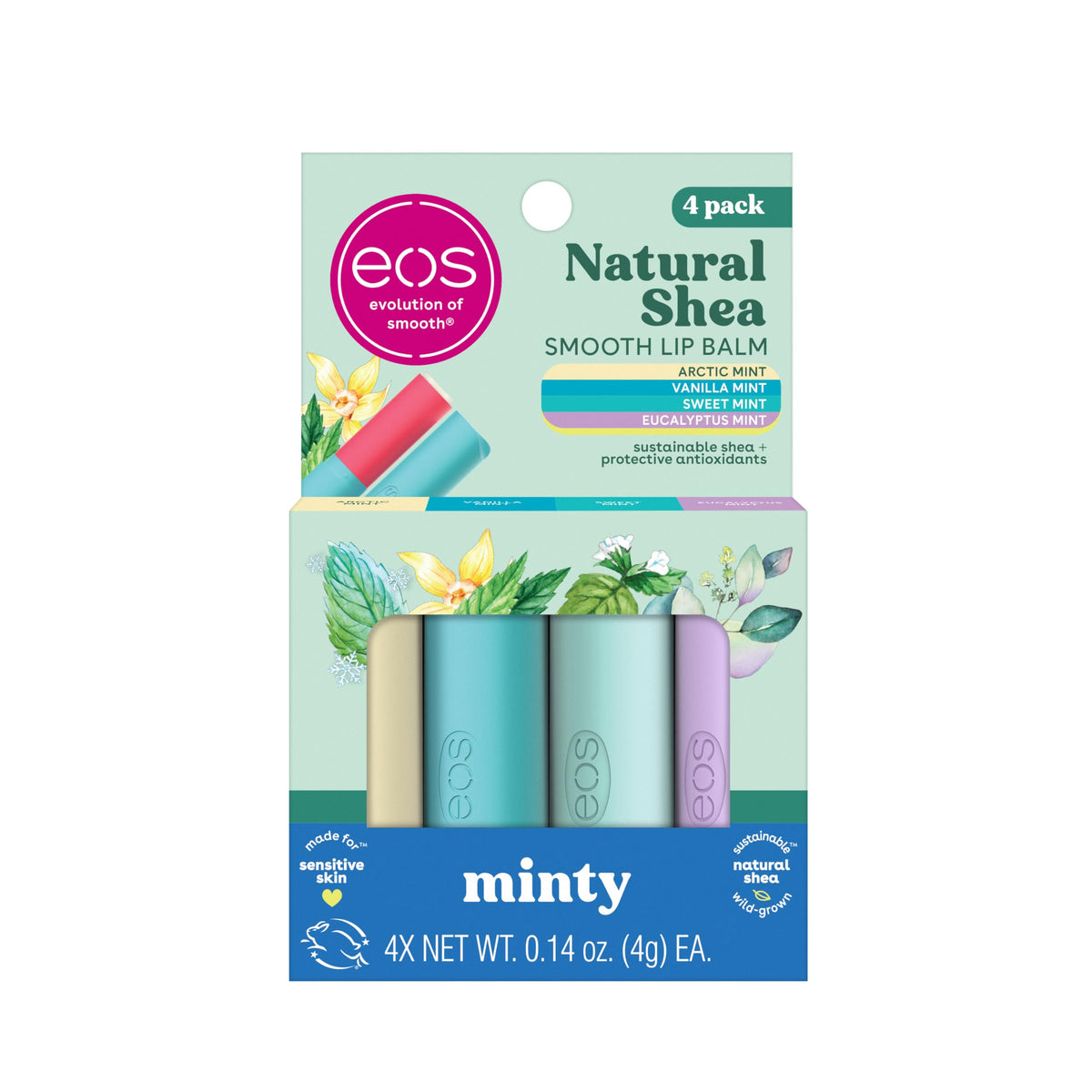 Eos Natural Shea Minty Lip Balm Gift Set - 4-Pack, Arctic, Vanilla, Sweet & Eucalyptus Mint, 0.