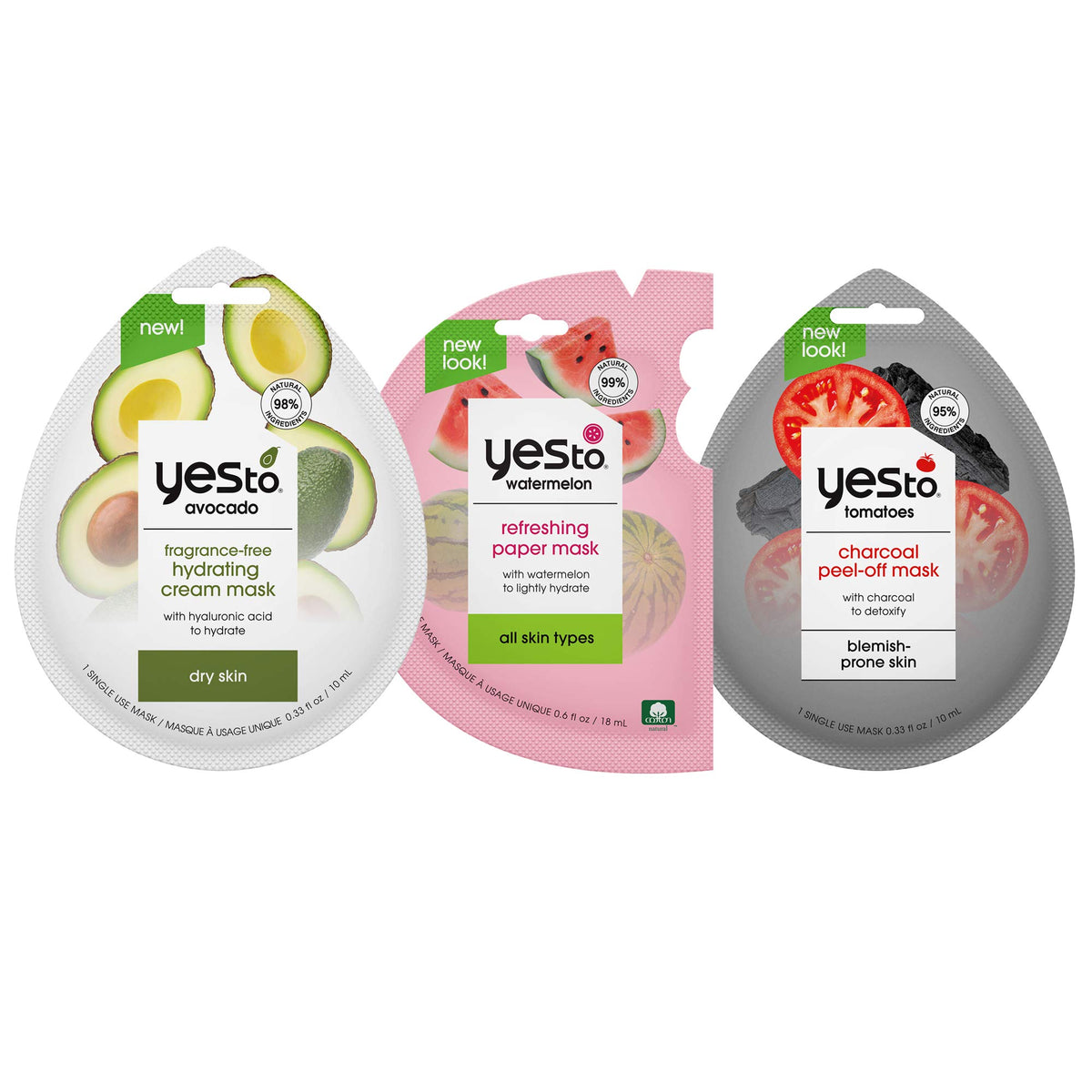 Yes To Avocado Watermelon Tomato Mask Variety Pack, Hydrating & Detoxifying, 3-Pack