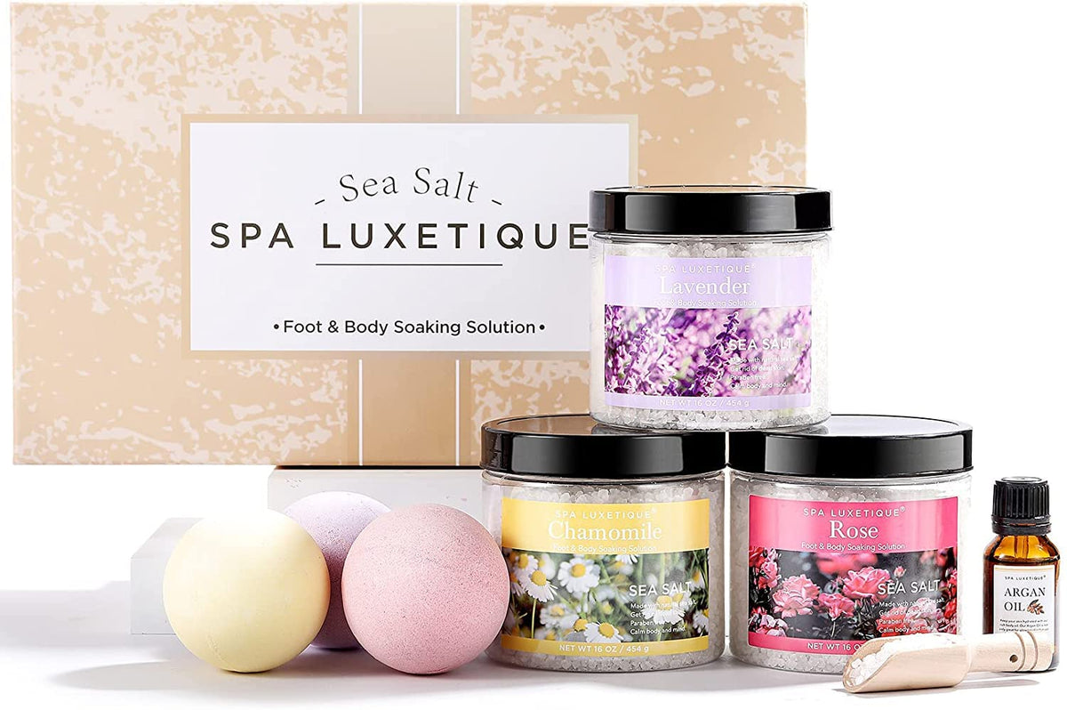 Spa Luxetique 8Pcs Bath Salts Gift Set With Argan Oil & Epsom Salt - Lavender & Rose Scents