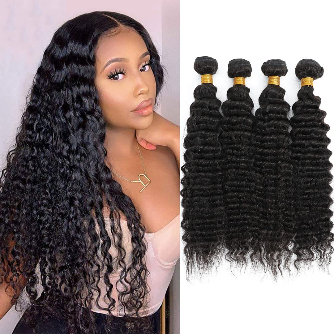 FASHION VILA Deep Wave Bundles 14-20&quot; Human Hair Extensions, Natural Black, Brazilian Hair