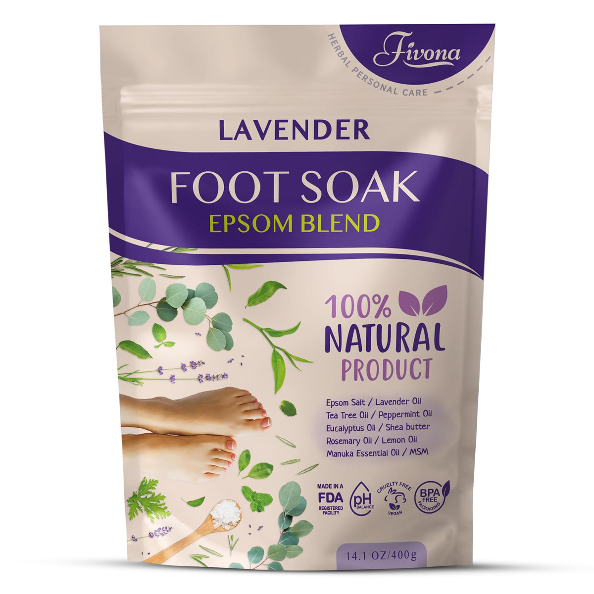 Fivona Lavender Foot Soak Blend - Epsom Salt 14.1 Oz, Calming Bath For Tired Feet