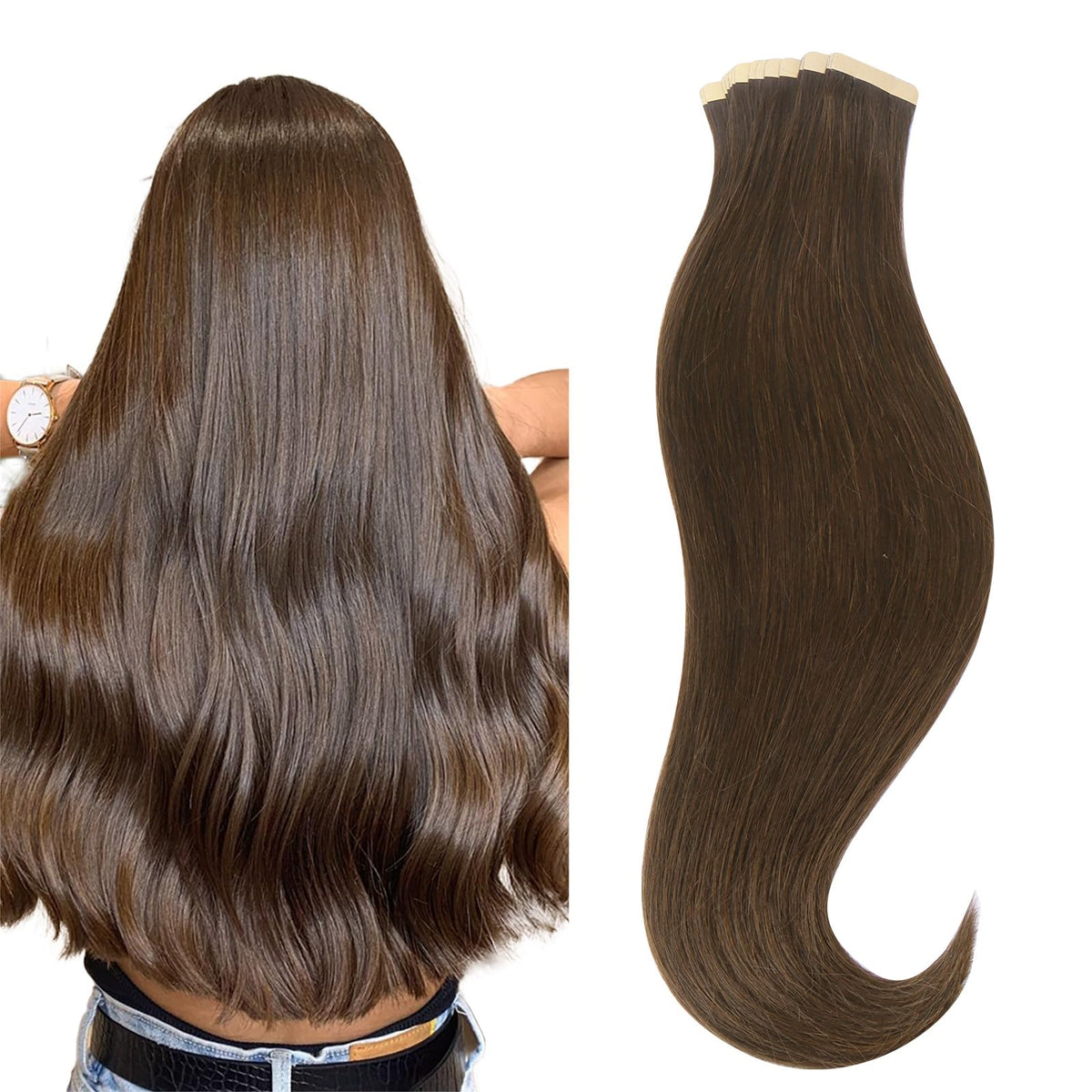 Hotbanana 14&quot; Tape In Hair Extensions, Chocolate Brown, 20Pcs Remy Human Hair, Straight