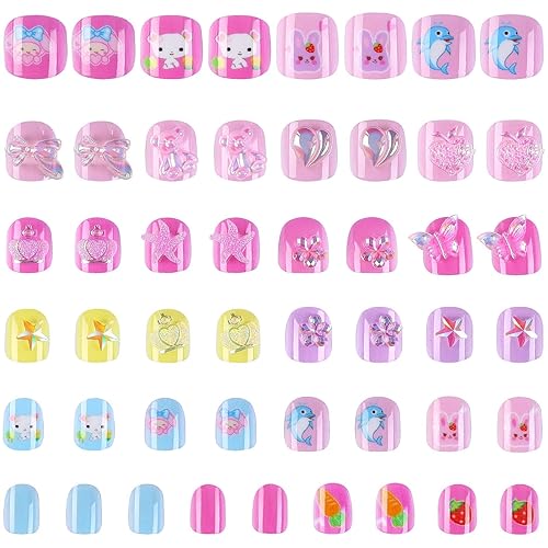 JANYUN 48Pcs Kids Fake Nails - Short Acrylic Stick On Nails for Children Nail Art Decoration