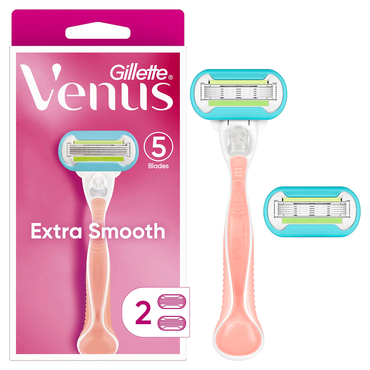 Gillette Venus Extra Smooth Pink Women'S Razor With 2 Blade Refills, 1 Count