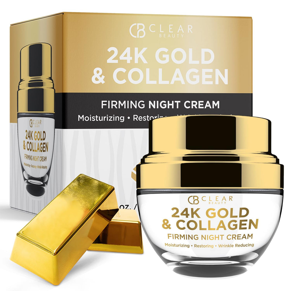 Clear Beauty 24K Gold & Collagen Night Cream - Reduces Age Spots, Fine Lines, Wrinkles, 1.69 Fl