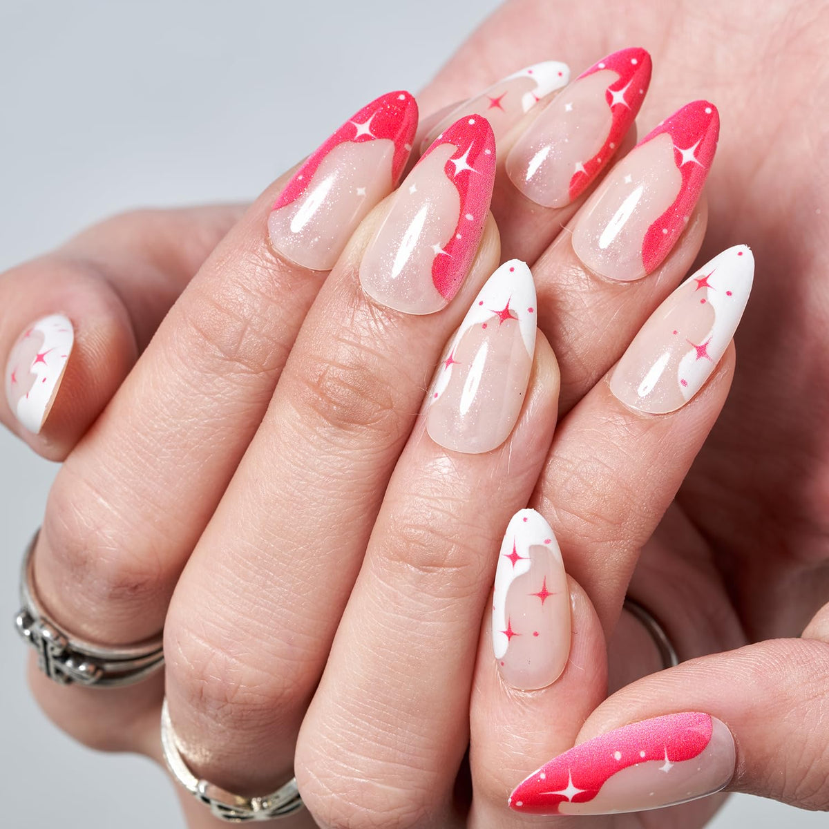 GLAMERMAID Hot Pink White French Tip Press on Nails - Medium Almond Stiletto, Glitter Star Design