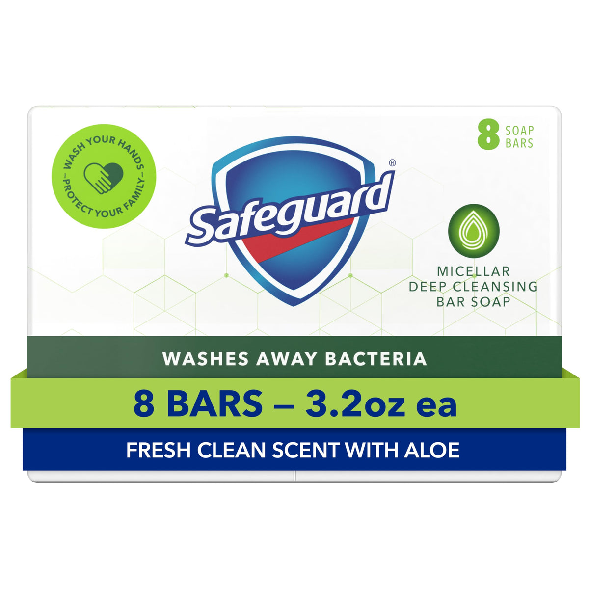 Safeguard Micellar Deep Cleansing Bath Bar Soap, 99% Bacteria Removal, Aloe, 8 Count