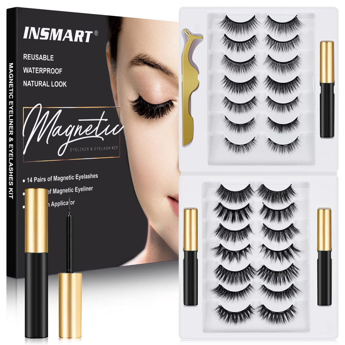 Insmart Magnetic Eyelashes Kit - 14 Pairs With 3 Tubes Of Eyeliner & Tweezers, Reusable