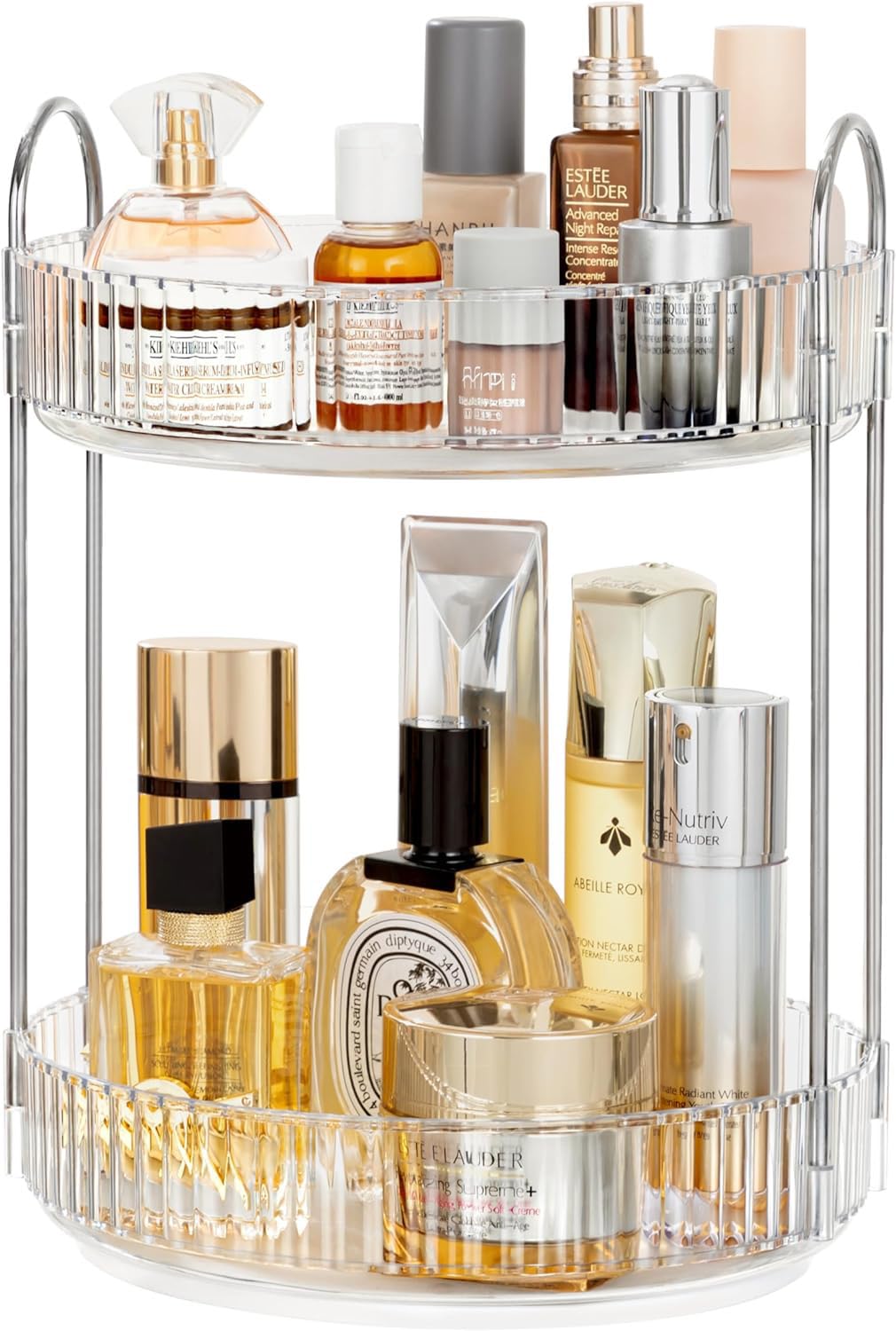 Vorey 360 Rotating Clear Makeup Organizer - 2 Tier Bathroom Carousel With Silver Handle