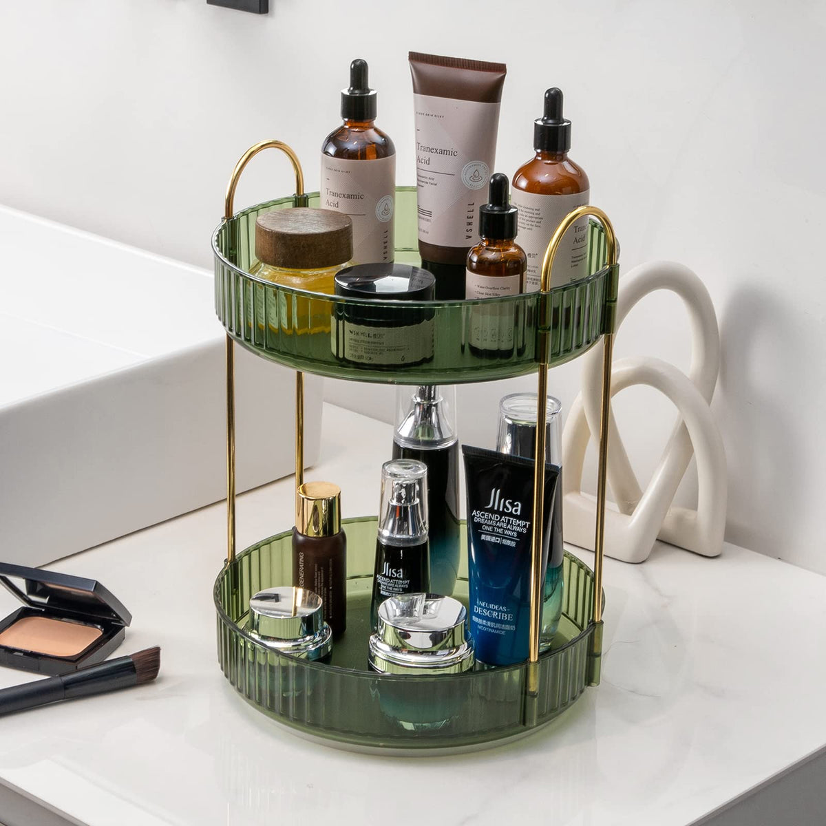 Invssene 360° Rotating Makeup Organizer - 2 Tier Green Cosmetic Storage Rack For Vanity & Countertop