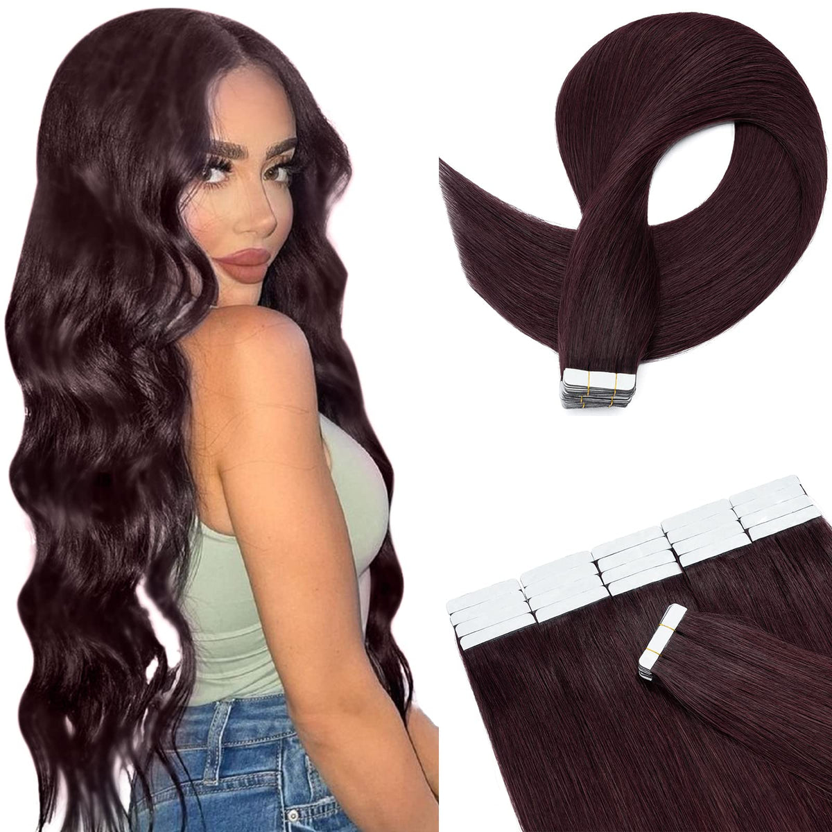 Hairro 16&quot; Tape In Remy Human Hair Extensions - Wine Red, 30G, 20Pcs, Straight Skin Weft