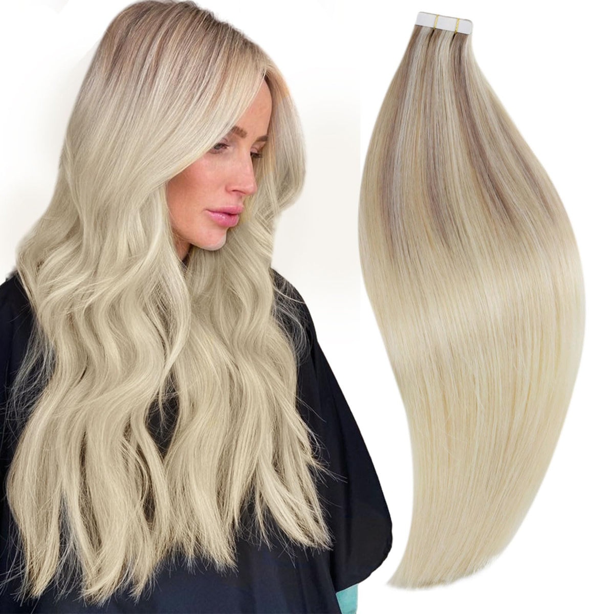 Runature 24&quot; Tape In Hair Extensions, Balayage Ash Blonde To Platinum, Human Hair, 50G 20Pcs