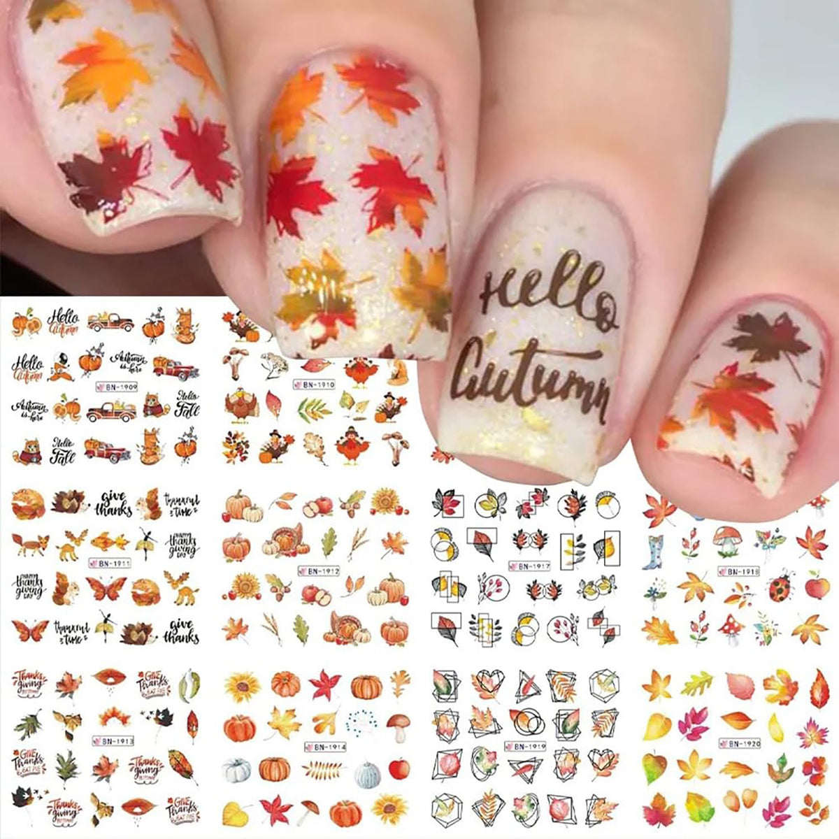 Kstbjn Fall Nail Stickers - Thanksgiving Water Transfer Decals, Maple Leaves & Pumpkins, 12 Sheets