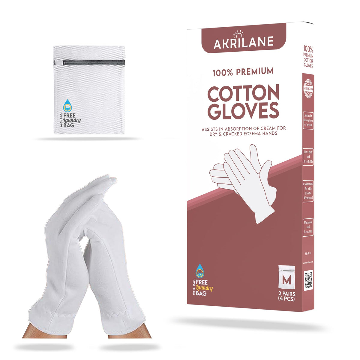 Akrilane Medium Cotton Gloves - 2 Pairs For Dry Hands, Eczema & Psoriasis - Washable, Reusable