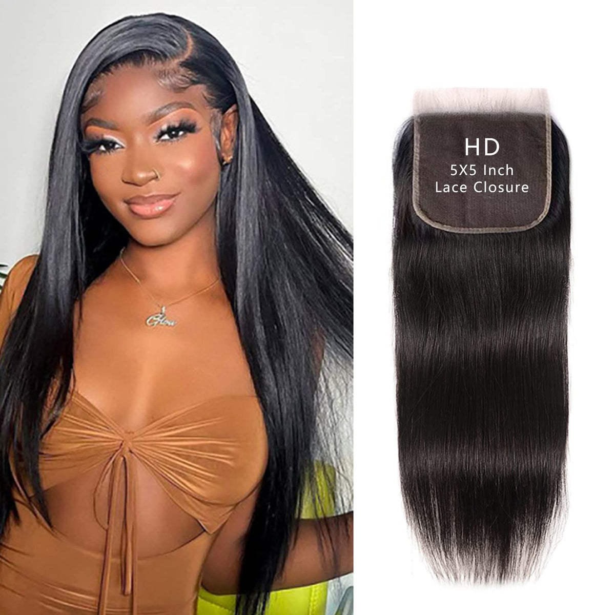 Selina 20&quot; 5x5 HD Lace Closure Brazilian Straight Human Hair - Unprocessed, Natural Black