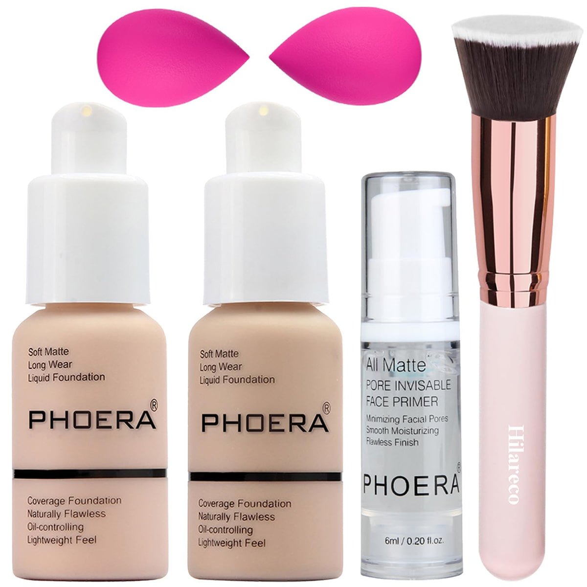 PHOERA Full Coverage Matte Liquid Foundation & Kabuki Brushes Set, 6-Pack, 101 Porcelain + 102 Nude