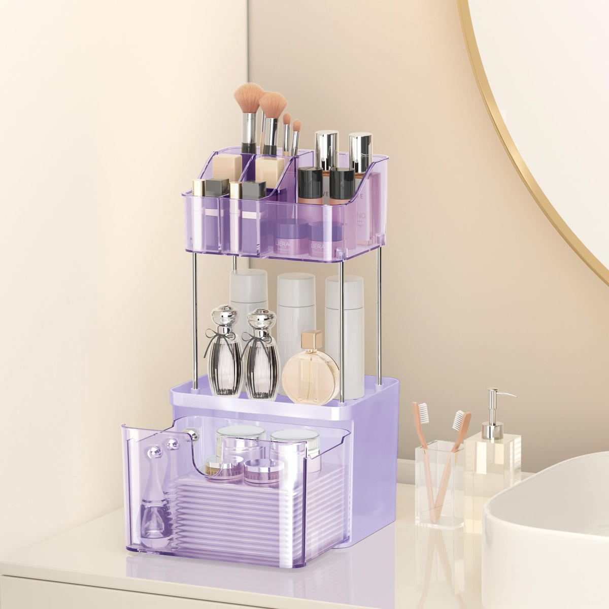 Doadw 3-Tier Purple Makeup Organizer With Drawer - Multi-Purpose Vanity & Cosmetic Storage