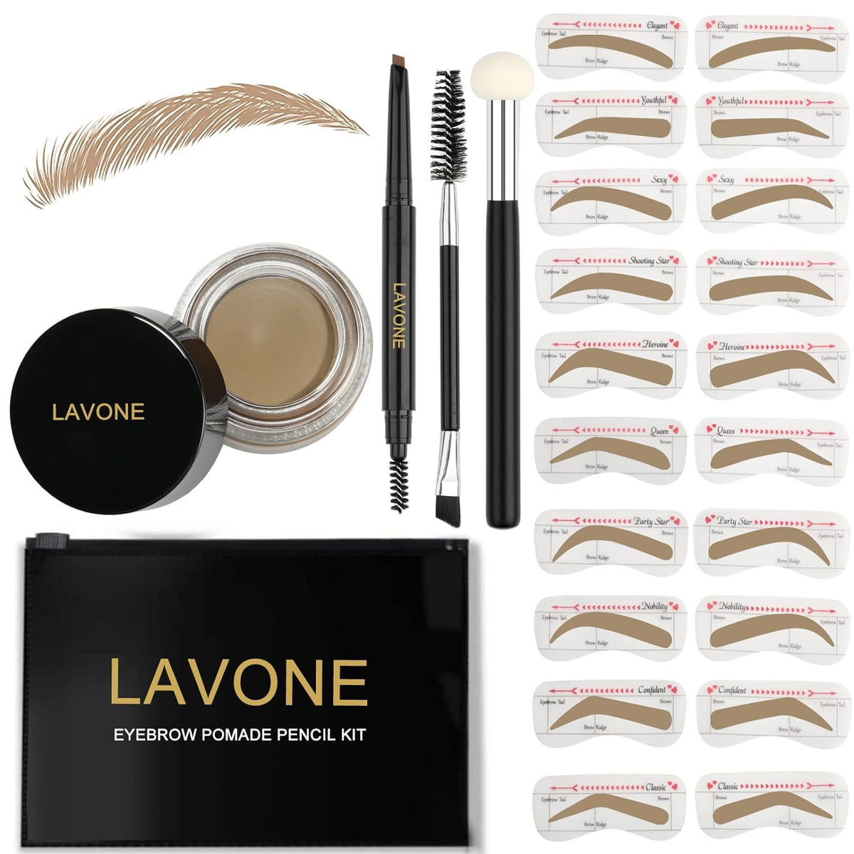 Lavone Eyebrow Stamp Kit - Brow Stamp Trio, Waterproof Pencil, 20 Stencils, Blonde