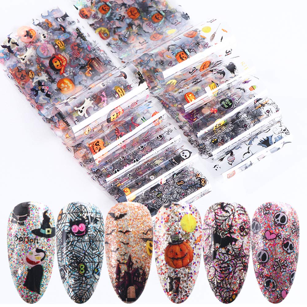 Couturebridal Halloween Nail Foil Set - 10Pcs Day Of The Dead Pumpkin Cat Nail Art Stickers