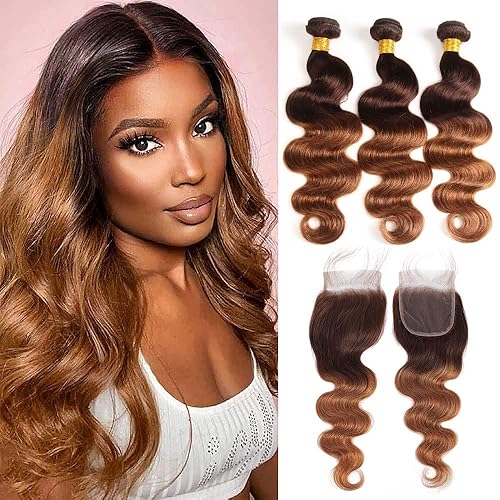 FASHION VILA 2 Tone Ombre Body Wave Hair 3 Bundles & 4x4 Closure - 100% Human Hair