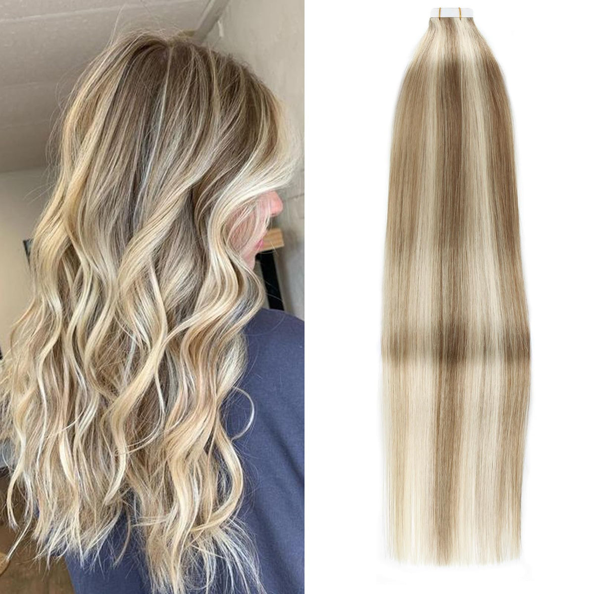 Ymeyme 22&quot; Tape In Hair Extensions - Human Hair, Seamless, #P8/60 Honey Brown To Light Blonde