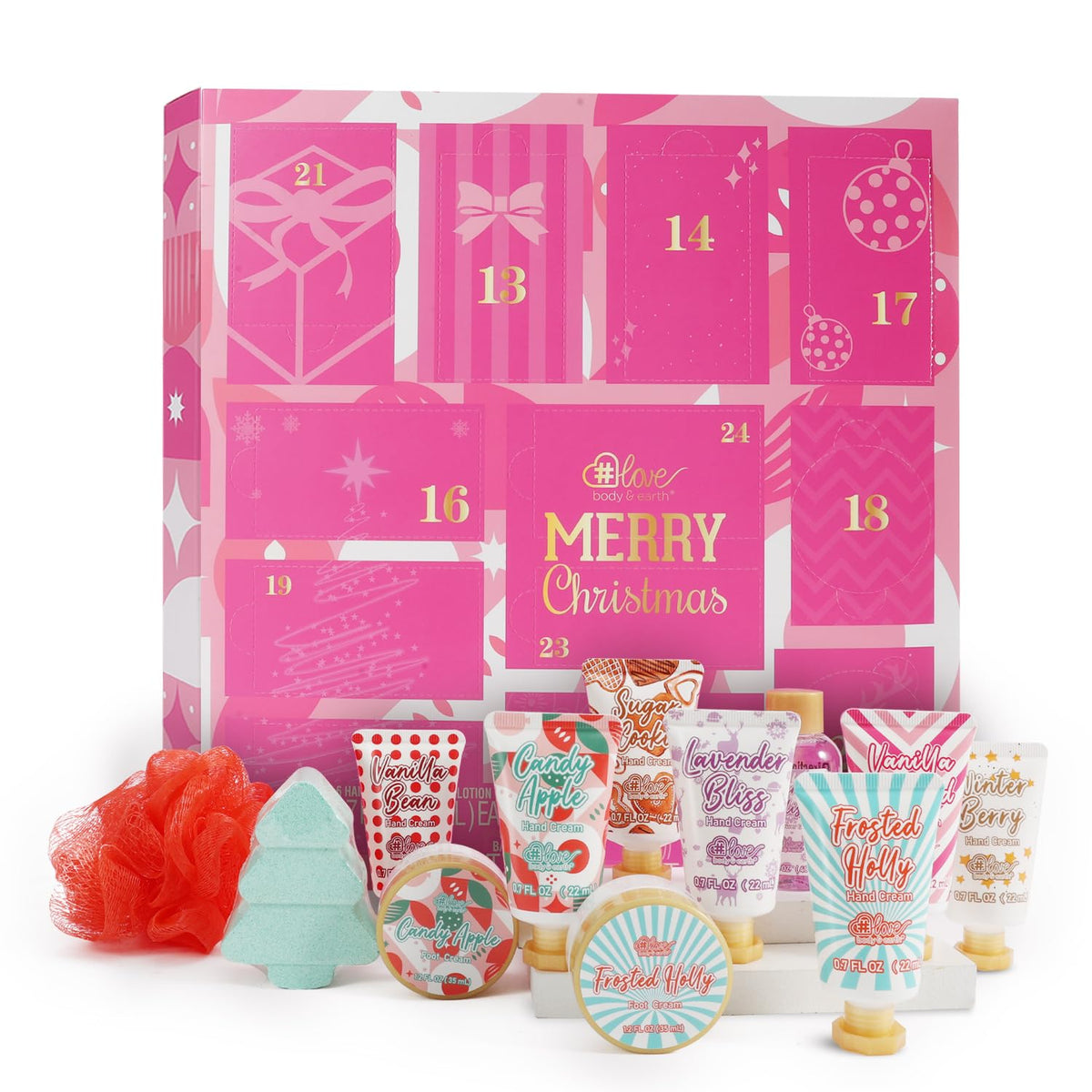 Body & Earth Limited Edition 12Pcs Pink Advent Calendar Spa Gift Set For Women - Hand Cream & More