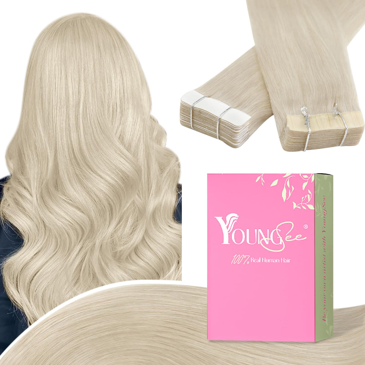 Youngsee Platinum Blonde Tape In Hair Extensions 12 Inch 30G Real Human Hair 20Pcs