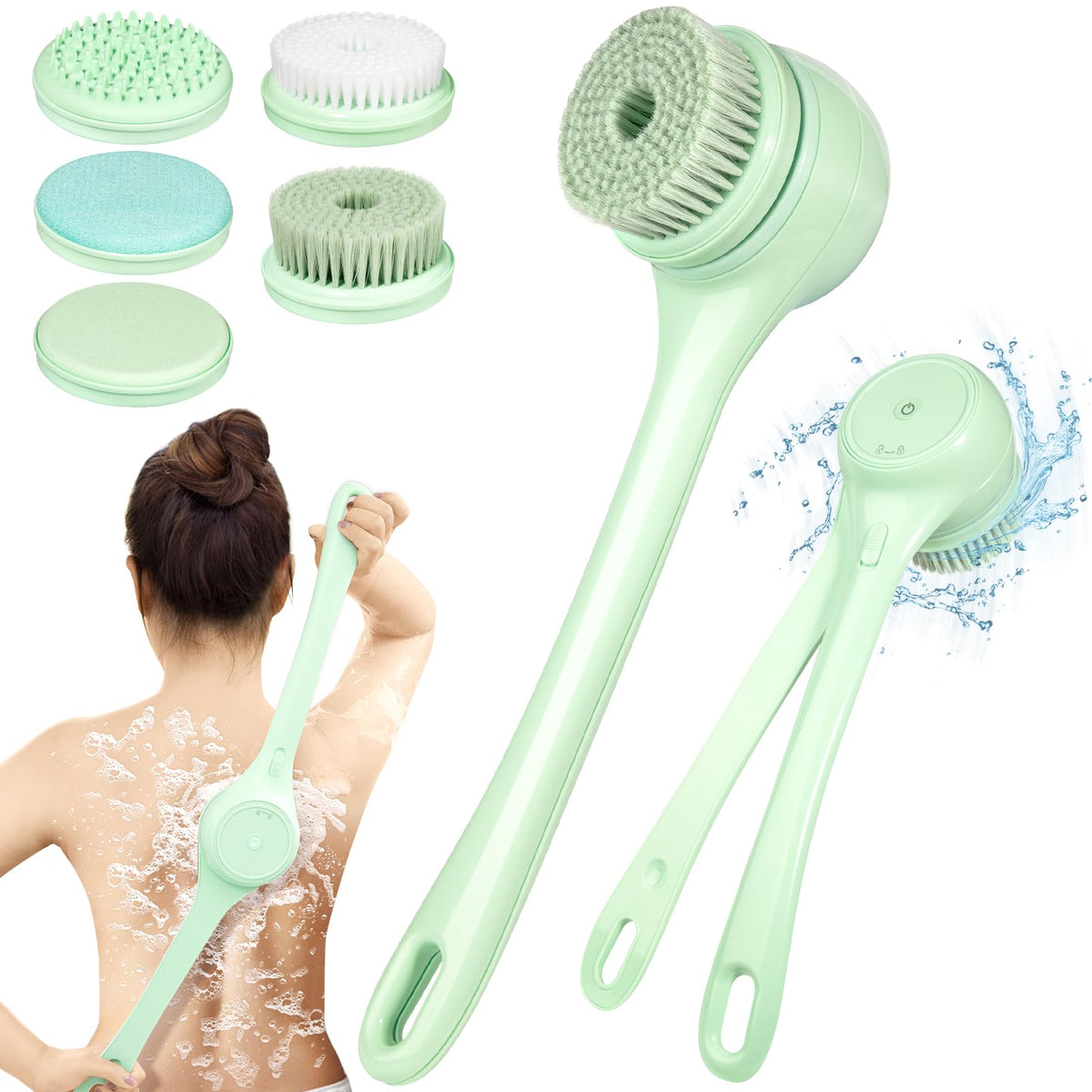 Suteng Electric Body Brush Back Scrubber - Dual Handle, Waterproof, 5 Brush Heads, Rechargeable