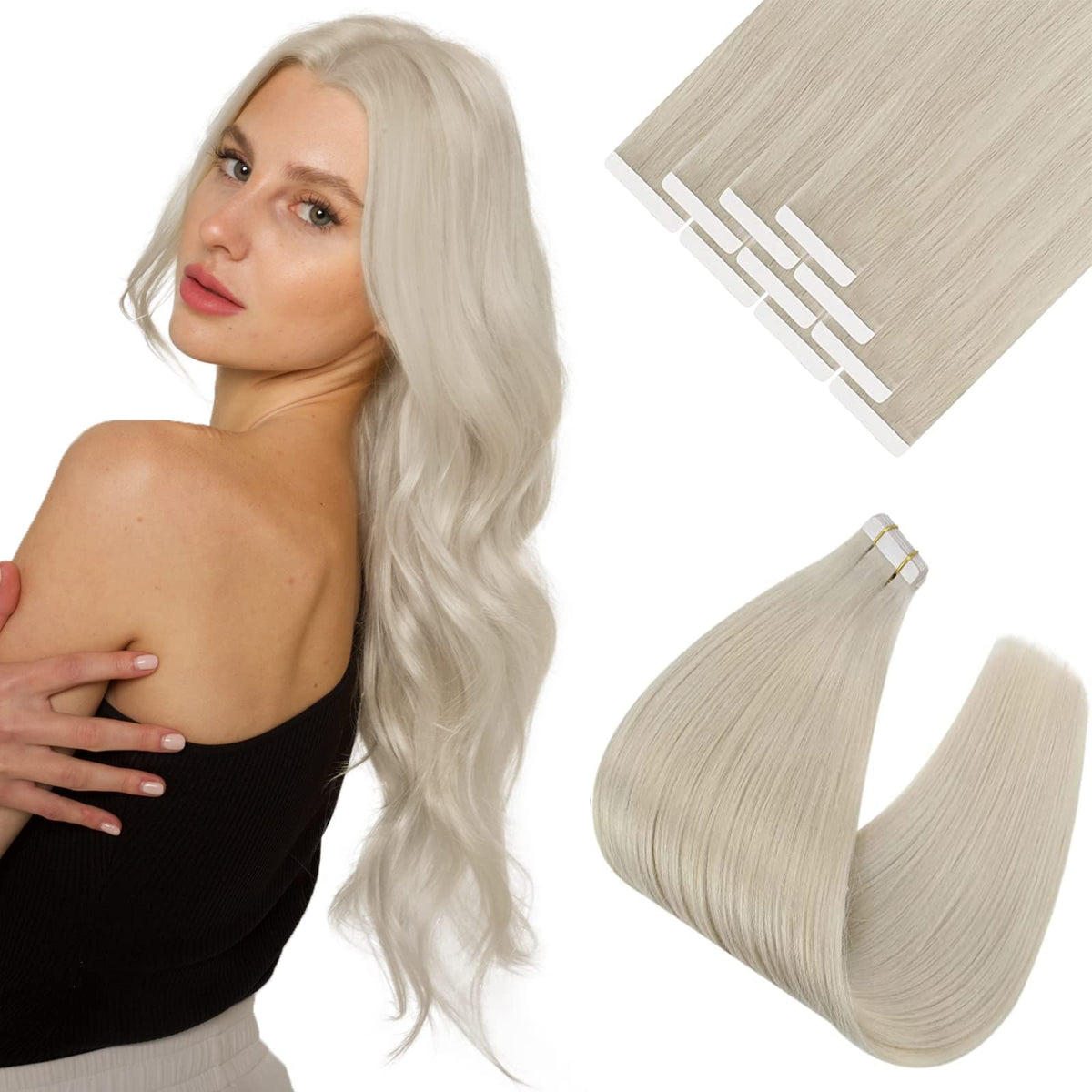 Vesunny 18&quot; Platinum Blonde Tape-In Human Hair Extensions, 10Pcs, 25G, #60