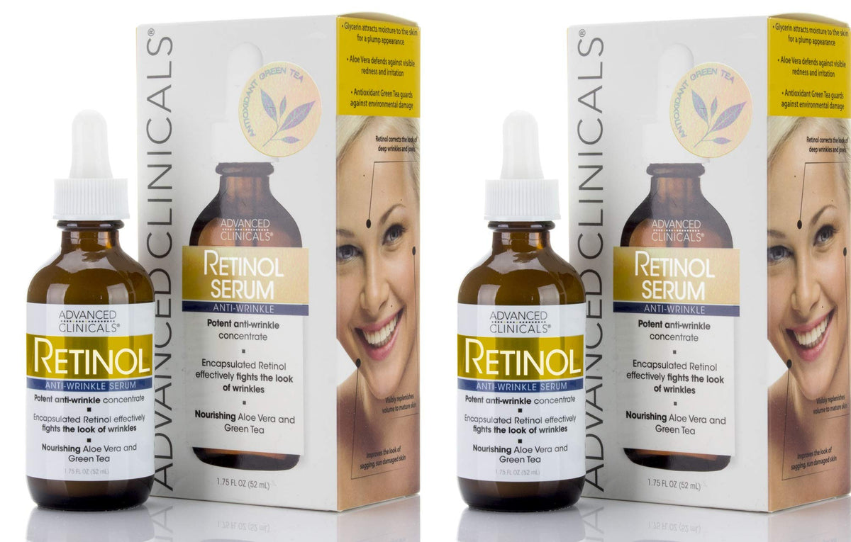 Advanced Clinicals Retinol Facial Serum - Anti-Aging Moisturizer With Aloe Vera & Green Tea, 2 Pack