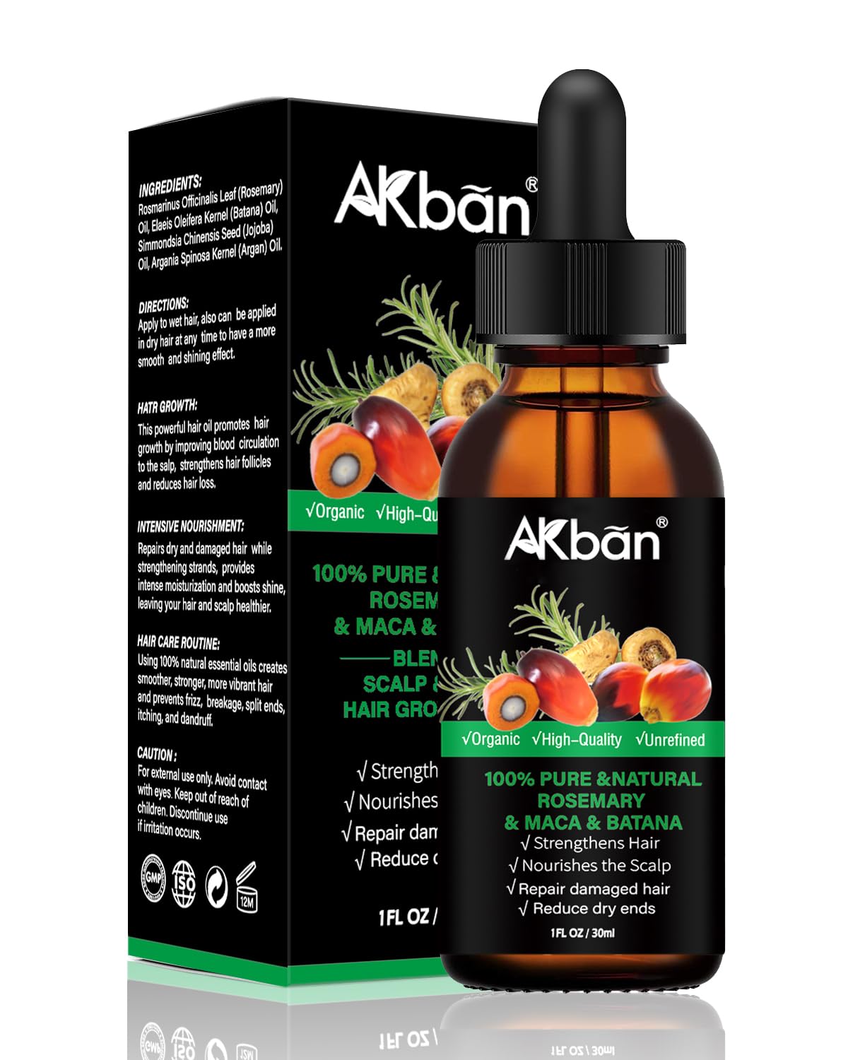 Akban Batana Oil For Hair Growth With Rosemary, Maca, Argan & Jojoba - 1 Fl Oz Glass Bottle