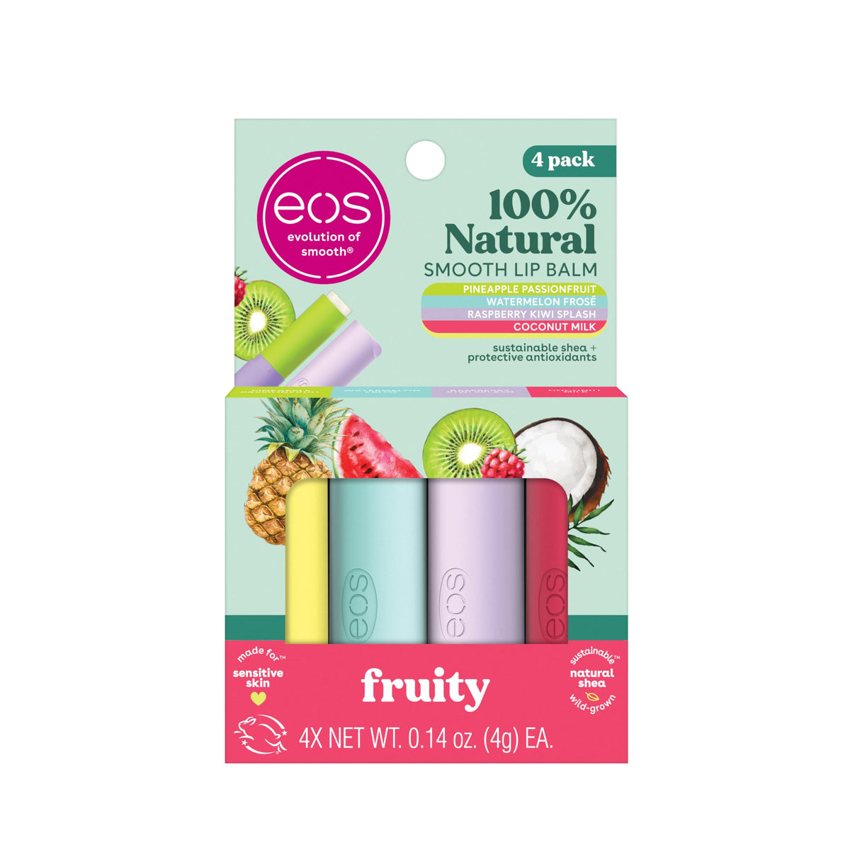 Eos 100% Natural Lip Balm 4-Pack - Coconut, Pineapple, Watermelon & Raspberry Kiwi - 0.14 Oz