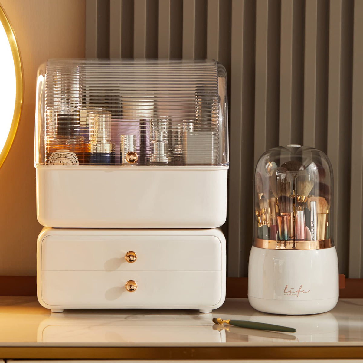 Ltytz Large White Makeup Organizer With Brush Holder, Skincare & Cosmetics Storage For Vanity