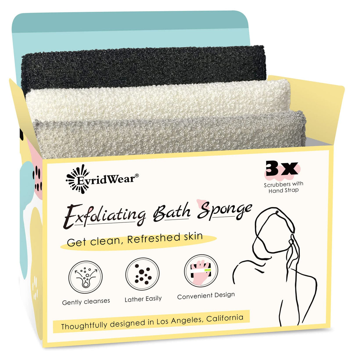 Evridwear Exfoliating Bath Sponge Set - 3 Pack Loofah Body Scrubbers For Daily Skincare