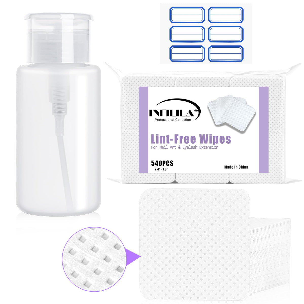 Nxj Infilila 540Pcs Lint Free Nail Wipes & Acetone Pump Dispenser Set, 180Ml Remover