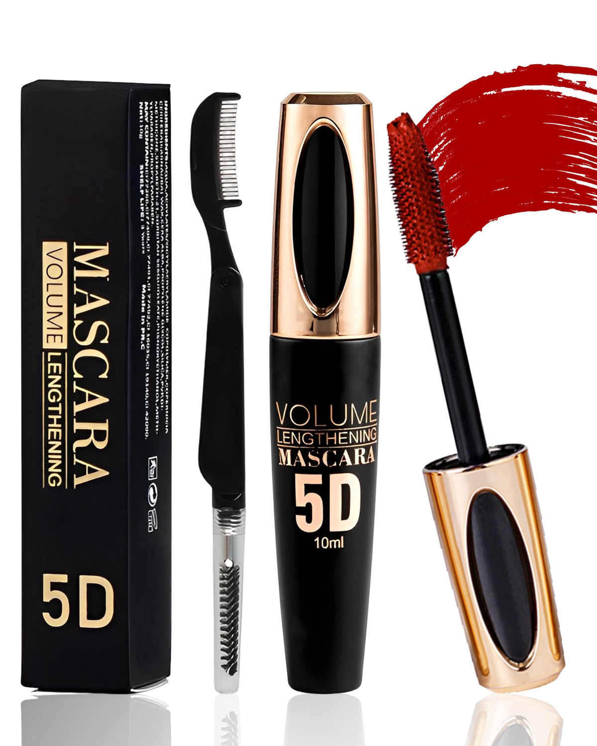 Lestpola Red Waterproof Mascara - Voluminous, Smudge-Proof, Long-Lasting 5D Thick Fiber For Women