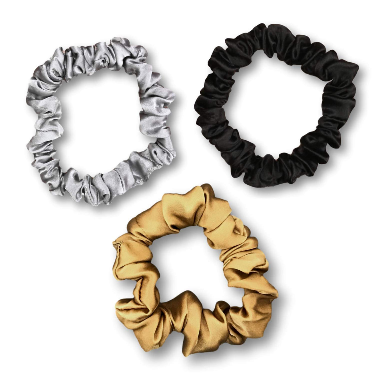 Celestial Silk Mulberry Silk Scrunchies - Gold, Silver, Black, 3 Pack, Small Hair Accessories