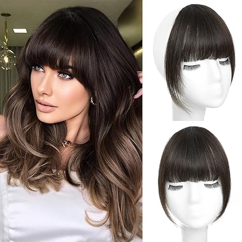 WECAN Dark Brown Clip in Bangs - 100% Human Hair Extensions for Women, Curved Fringe, L Size