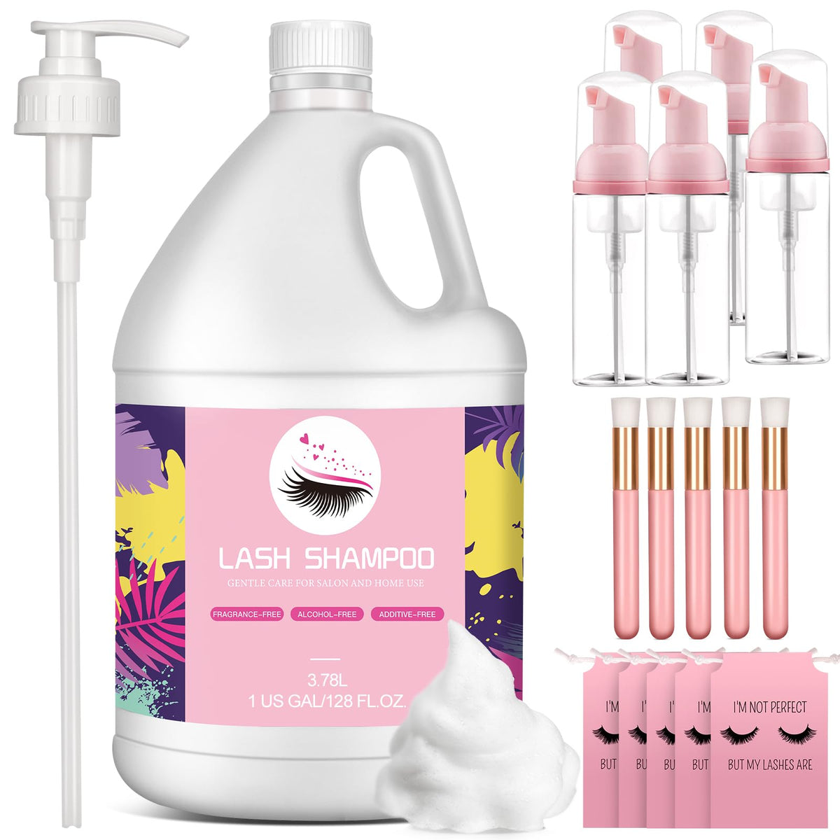 Buqikma 3.78L Lash Shampoo Bulk - Gentle Eyelash Cleanser With Pump & Accessories For Salons