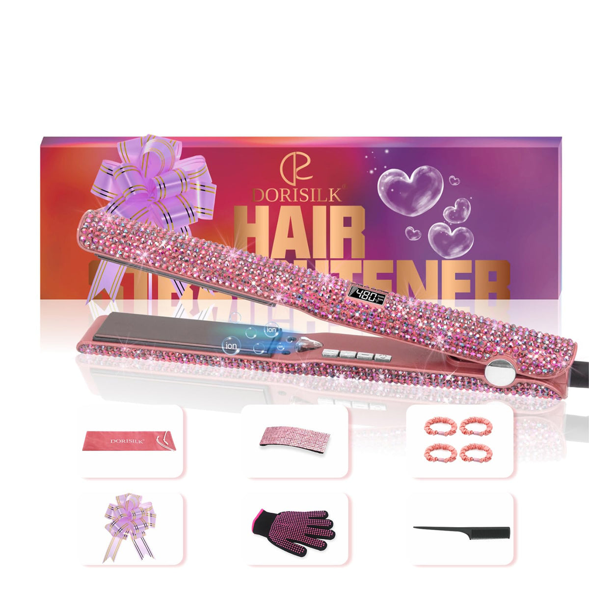 DORISILK 1 Inch Titanium Flat Iron, 480°F Fast Heat, Negative Ion Rose Pink, Rhinestone Design