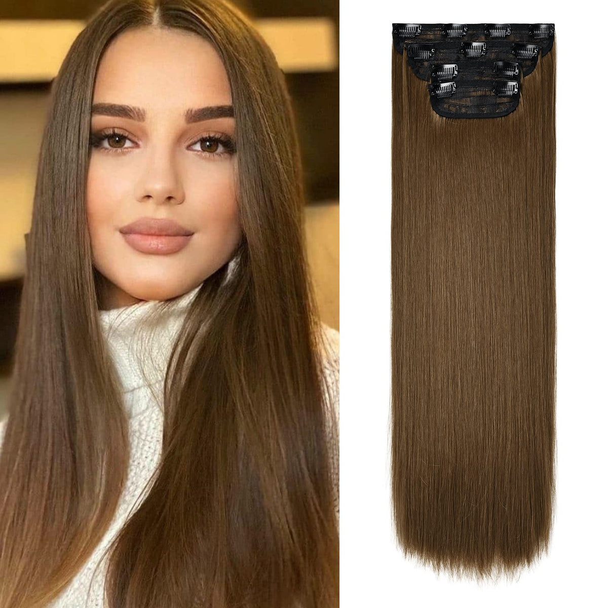 Reecho 24&quot; Chocolate Brown Clip-In Hair Extensions, 4Pcs Thick Straight Synthetic Hair