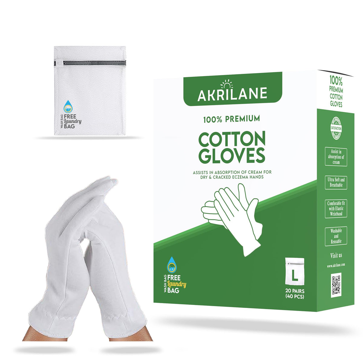 Akrilane Large 20 Pairs Premium Cotton Gloves For Dry Hands & Eczema Treatment - Washable & Reusable