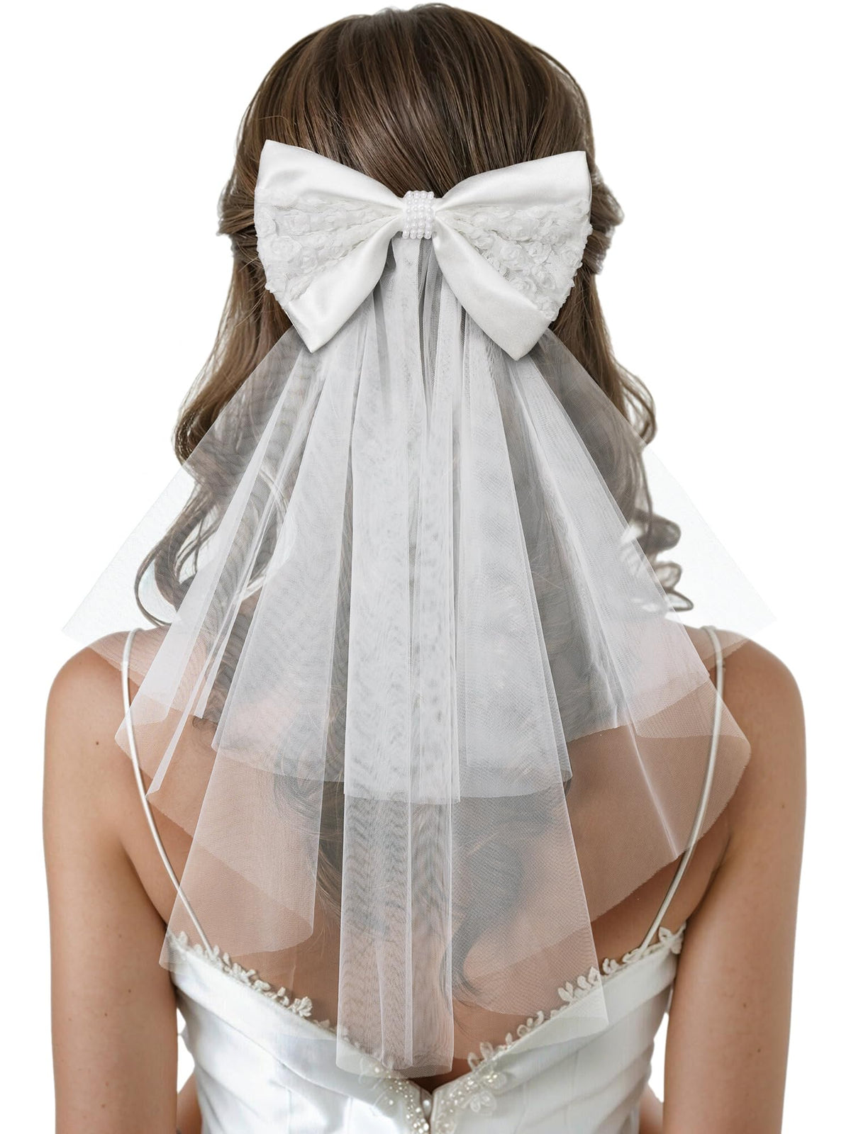 Sweetv Bridal Hair Bow Veil Clip - White Pearl Accessories For Bachelorette & Bridal Shower