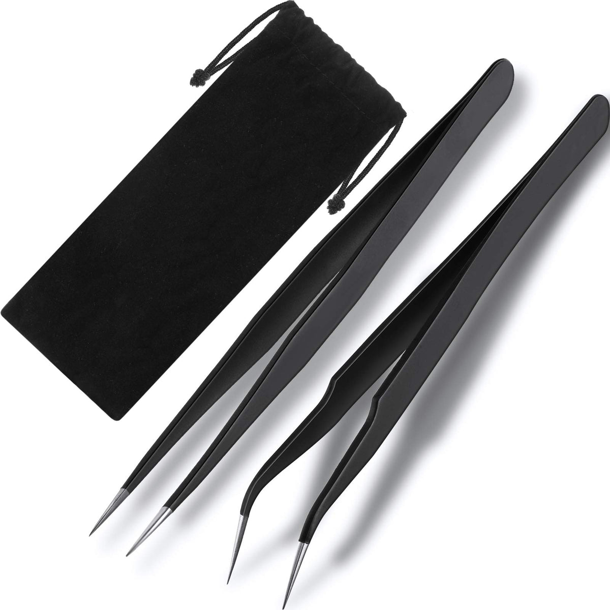 Hotop 2-Piece Stainless Steel Eyelash Extension Tweezers Set - Curved & Straight Tip, Black