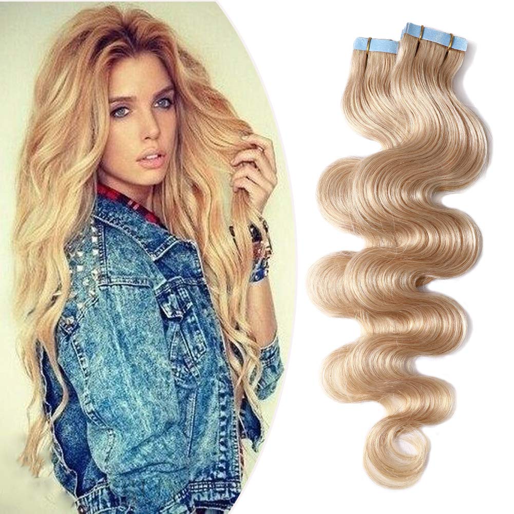 Benehair 20&quot; Remy Tape In Hair Extensions - Wavy Ash Blonde #24, 50G, 20 Pcs Real