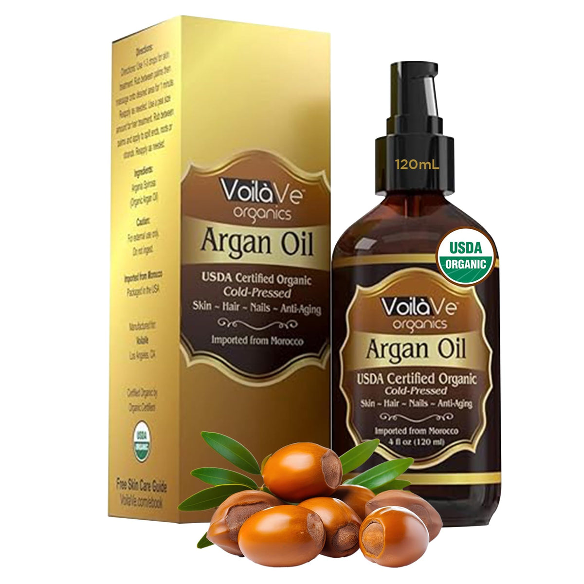 Voilave 100% Pure Organic Moroccan Argan Oil - Anti-Aging Moisturizer For Skin, Hair & Nails 4Oz