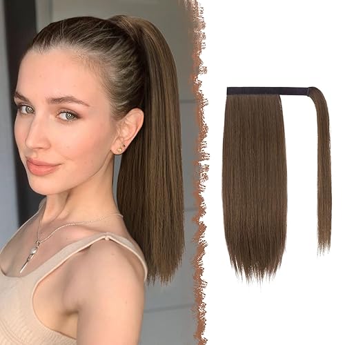 FESHFEN 14&quot; Straight Ponytail Extension - Moss Brown Clip-In Synthetic Hair Piece for Women