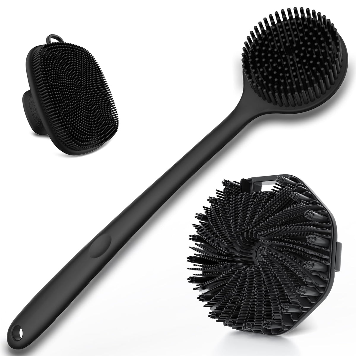 Qiakeoo 3 Pcs Silicone Bath Brush Set - Back Scrubber, Body & Face Brushes For Exfoliating Cleanse